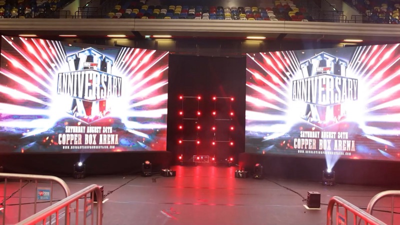 Twin LED entrance walls either side of the entrance stage at the Copper Box Arena