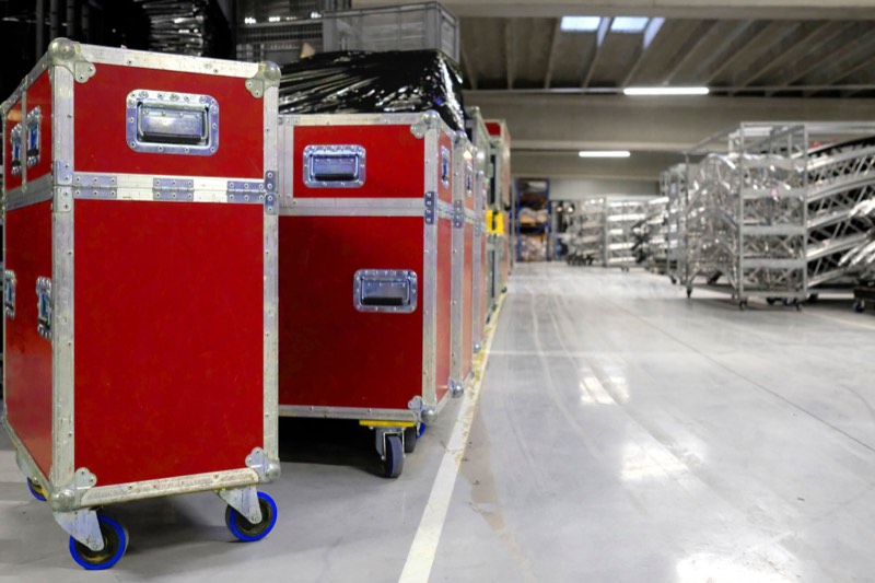 Flight-cased production kit prepped in the Pixel 8 warehouse