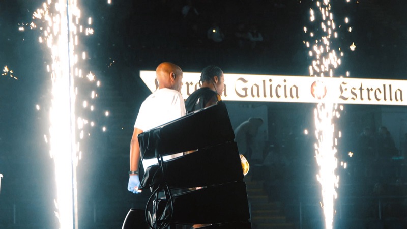 Cold spark fountains firing either side of a boxer's ring walk at Motorpoint Arena Nottingham