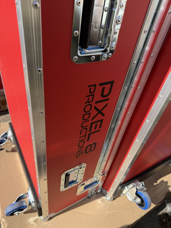 Pixel 8 Productions branded red flight case